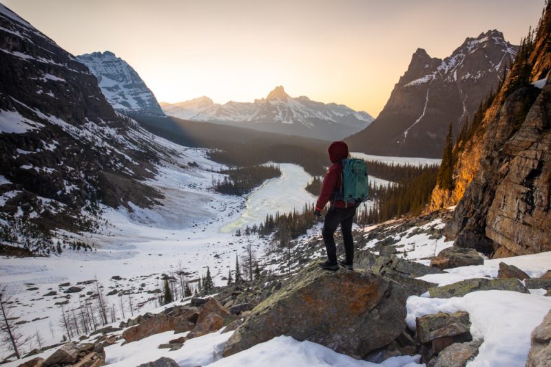 Lake O'Hara. Hiker standing at the view over the valley.