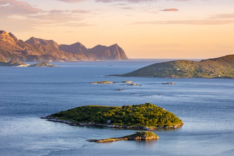 An island on the sea at sunset