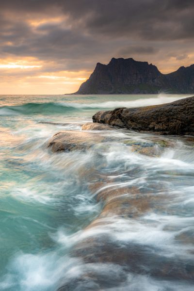 beautiful skies and wild seas at uttakleiv beach, norway