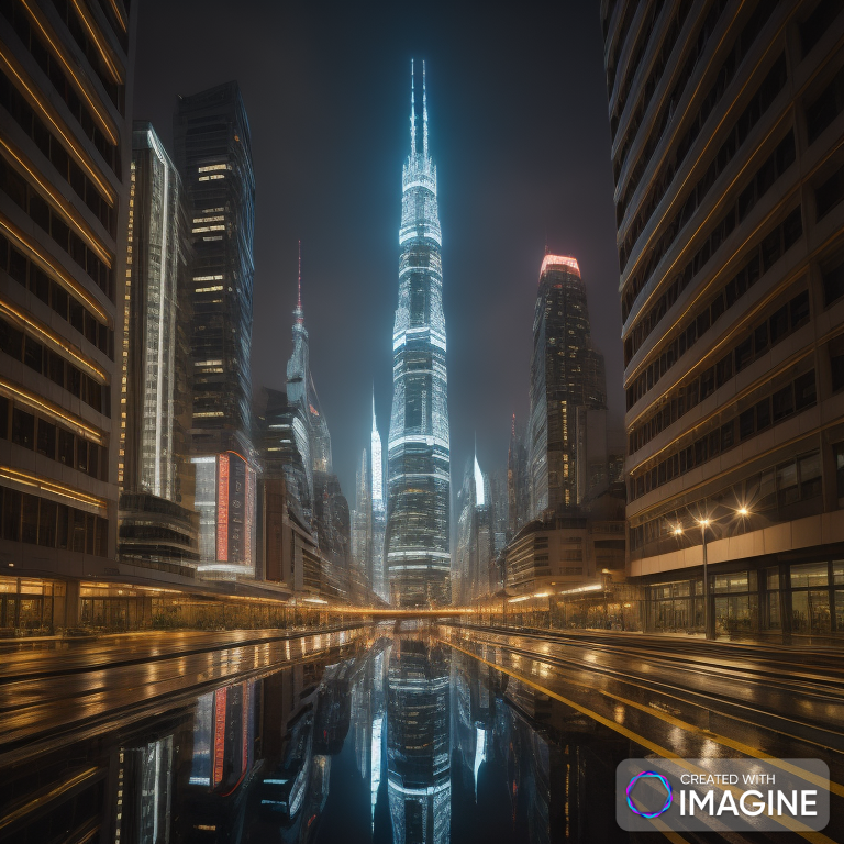 depicting a futuristic metropolis at twilight, where sleek, luminescent skyscrapers tower over bustling streets filled with hovering vehicles, while a vibrant blend of neon lights reflects off the rain-slicked pavement below.