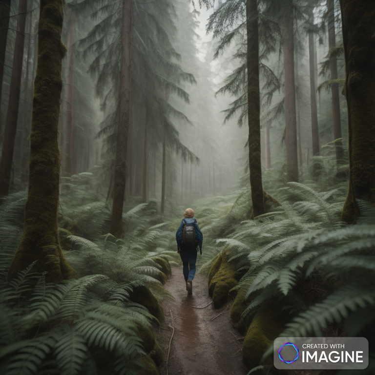 . This is AI photographer. Prompt: a dense forest of ferns and greenery that's full of mist. there is a person walking through the middle of the scene is a dog.